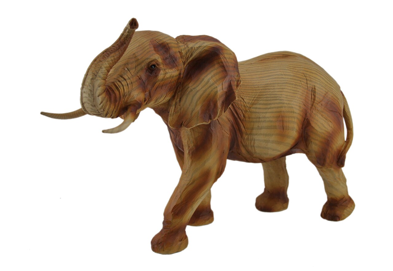 Faux Carved Wood Look Trunk Up Walking Elephant Statue